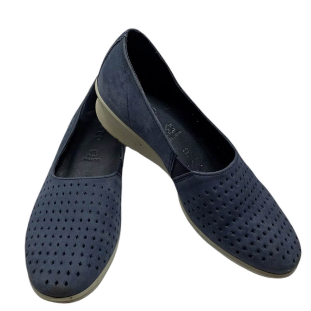 Ecco Navy Perforated Slip-On Loafers with Tan Outsole